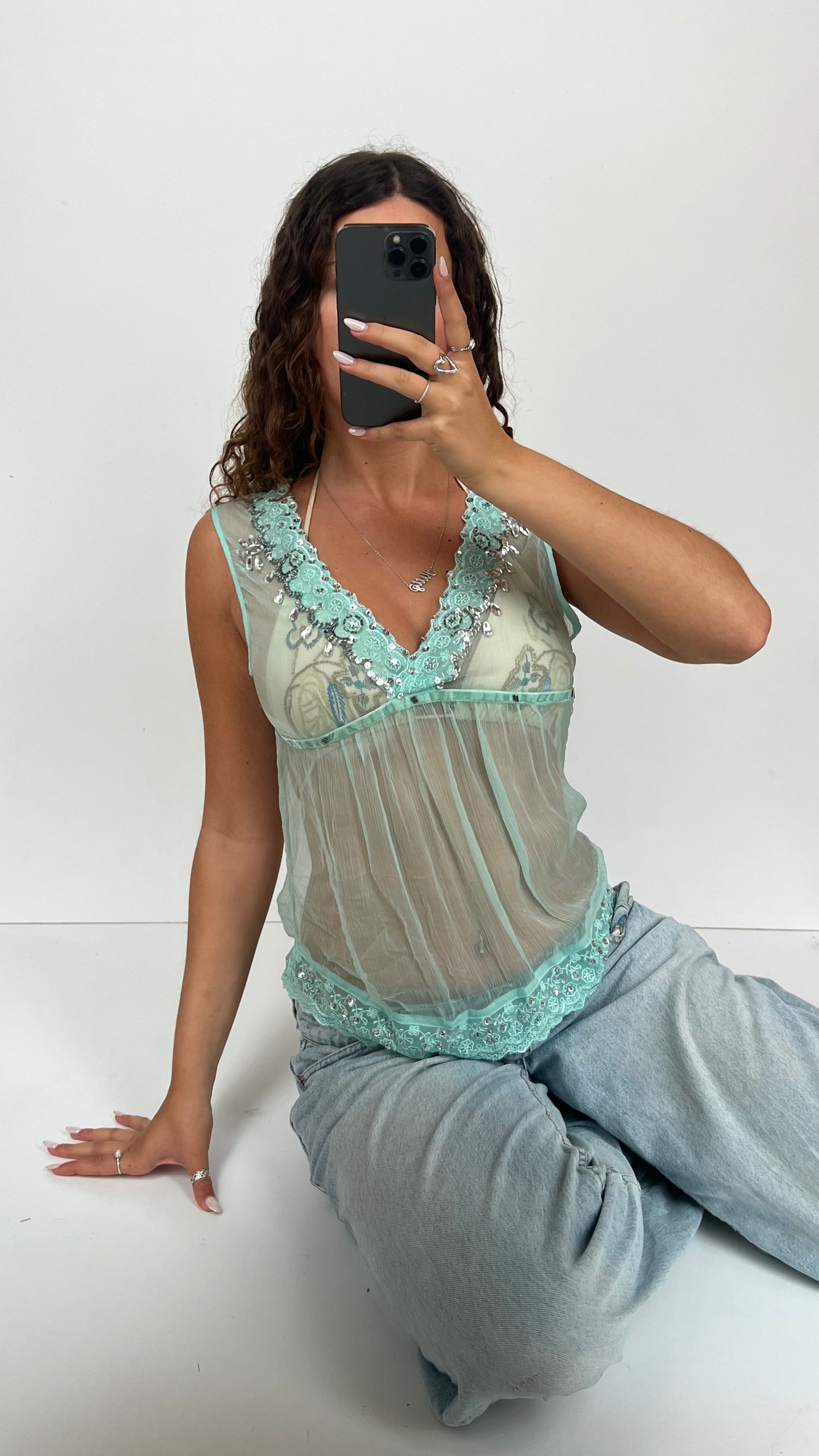 00s teal mesh sequin top- size M