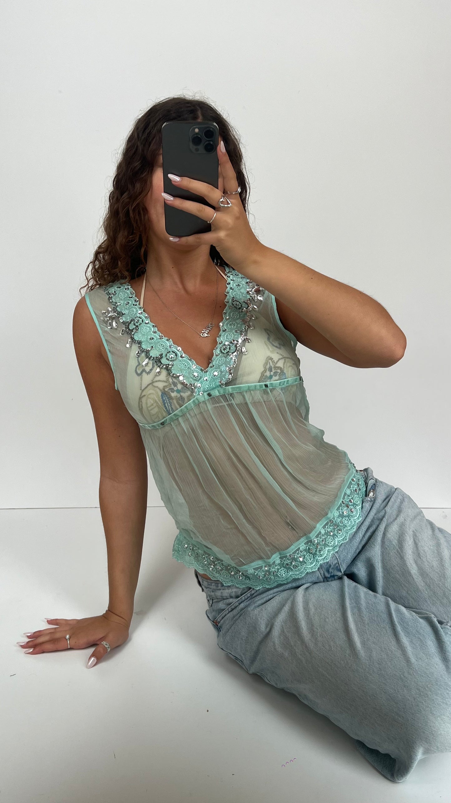 00s teal mesh sequin top- size M
