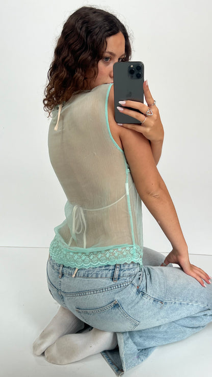 00s teal mesh sequin top- size M