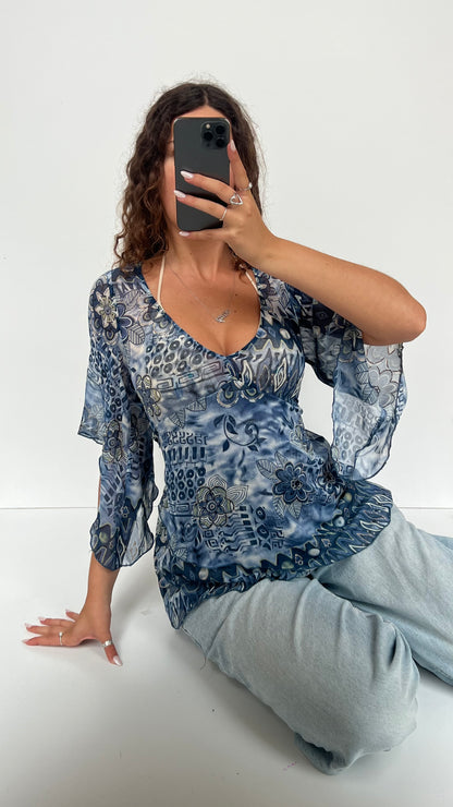 00s blue mesh floral top- size M