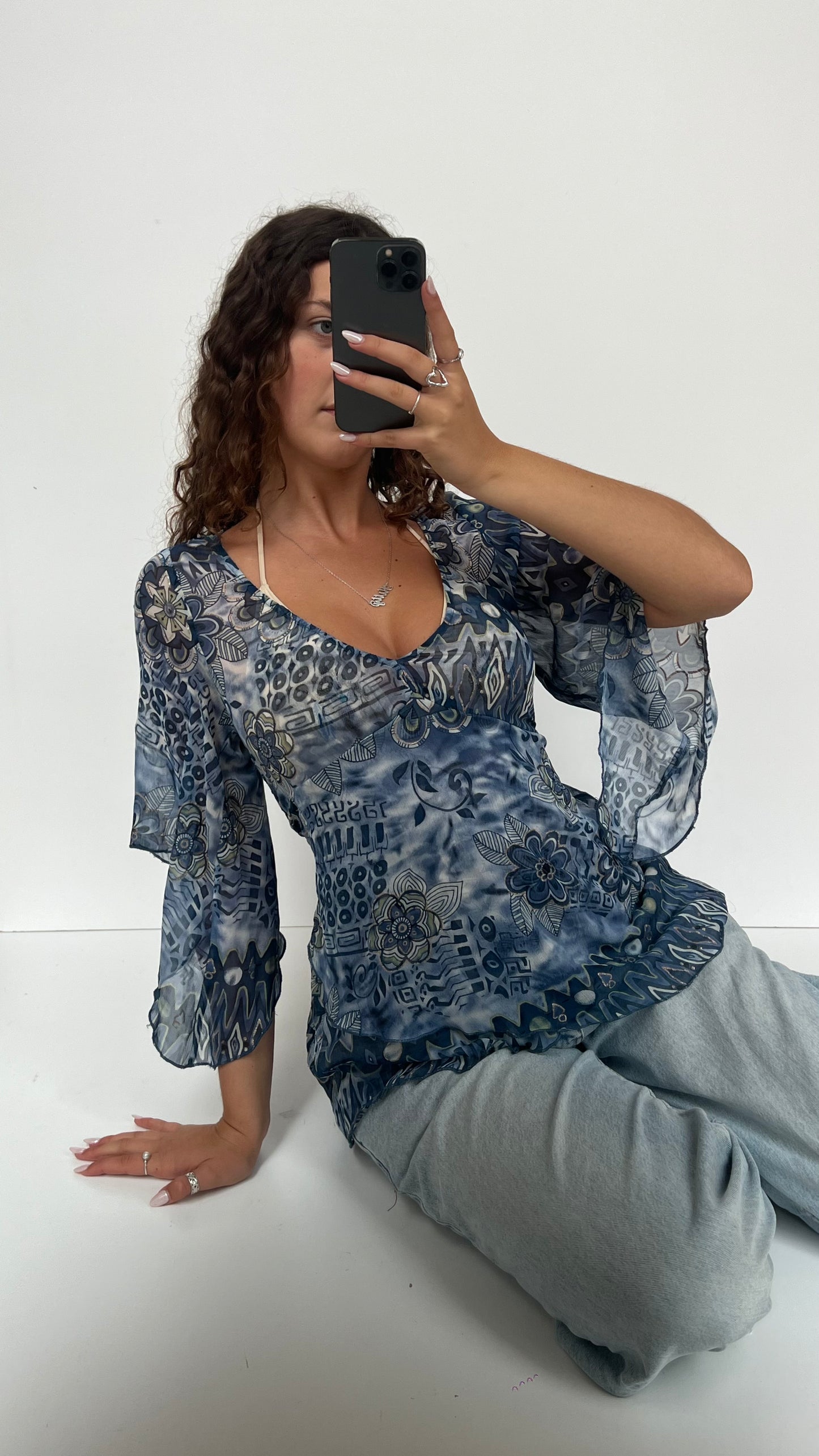 00s blue mesh floral top- size M
