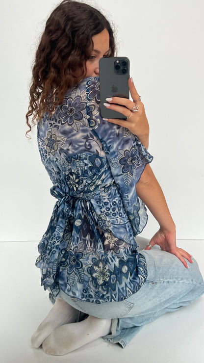 00s blue mesh floral top- size M