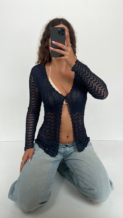 00s navy crochet top- size S