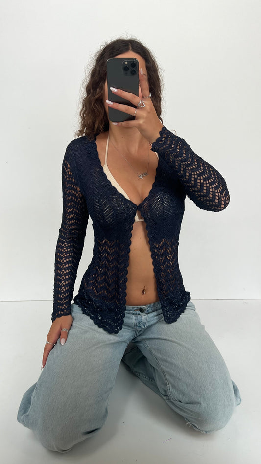 00s navy crochet top- size S