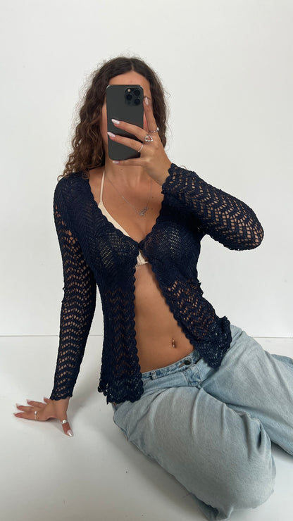 00s navy crochet top- size S