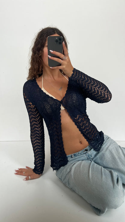 00s navy crochet top- size S