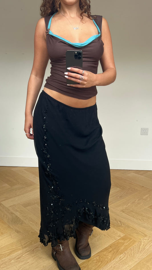 00s black sequin maxi skirt- size L