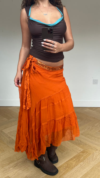 00s orange silk maxi skirt- size M