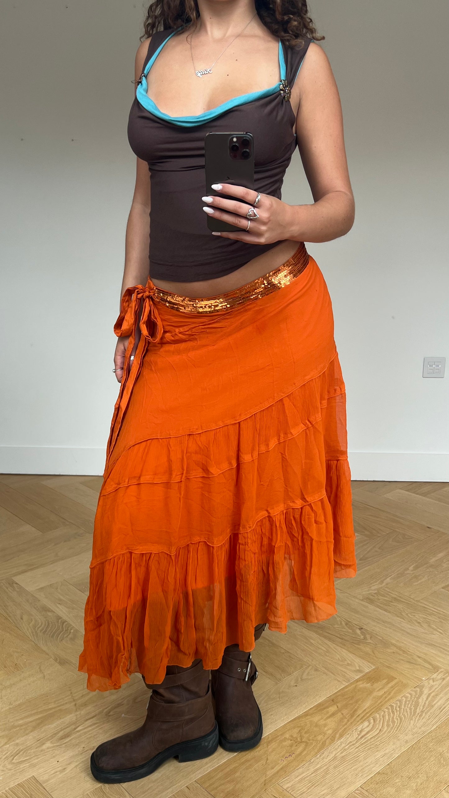 00s orange silk maxi skirt- size M