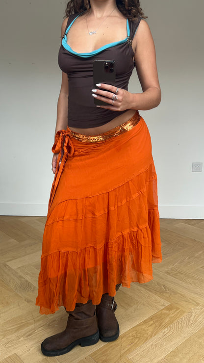 00s orange silk maxi skirt- size M