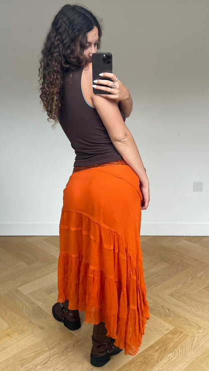 00s orange silk maxi skirt- size M