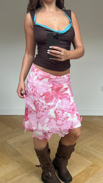 00s pink floral midi skirt- size M