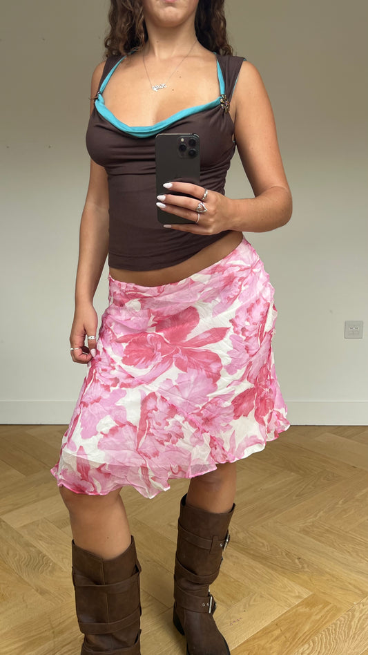 00s pink floral midi skirt- size M