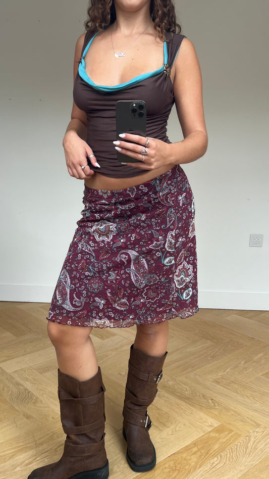 00s purple paisley midi skirt- size M