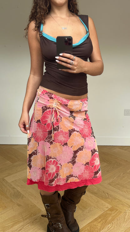 00s pink floral midi skirt- size M