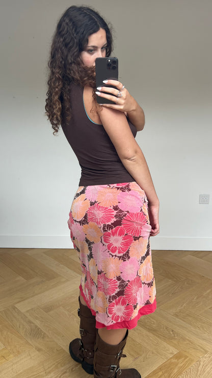 00s pink floral midi skirt- size M