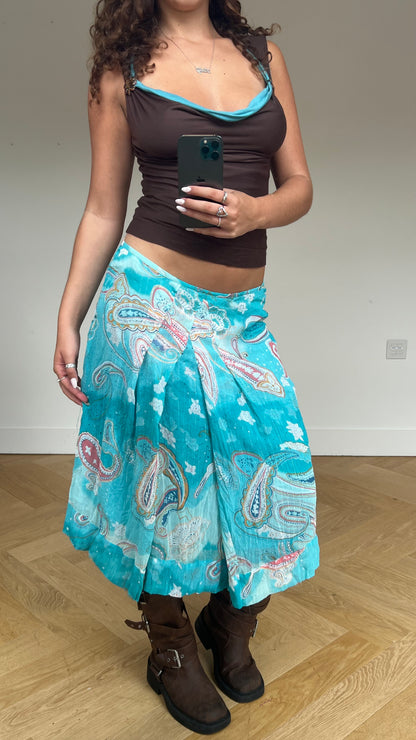 00s blue paisley midi skirt- size M