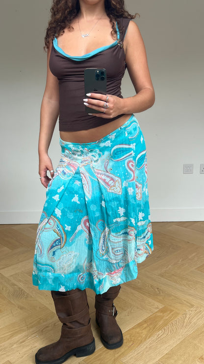 00s blue paisley midi skirt- size M