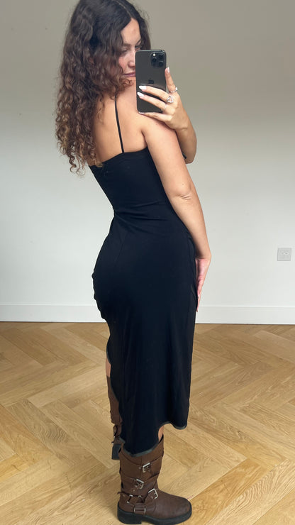 00s black ruched midi dress- size L