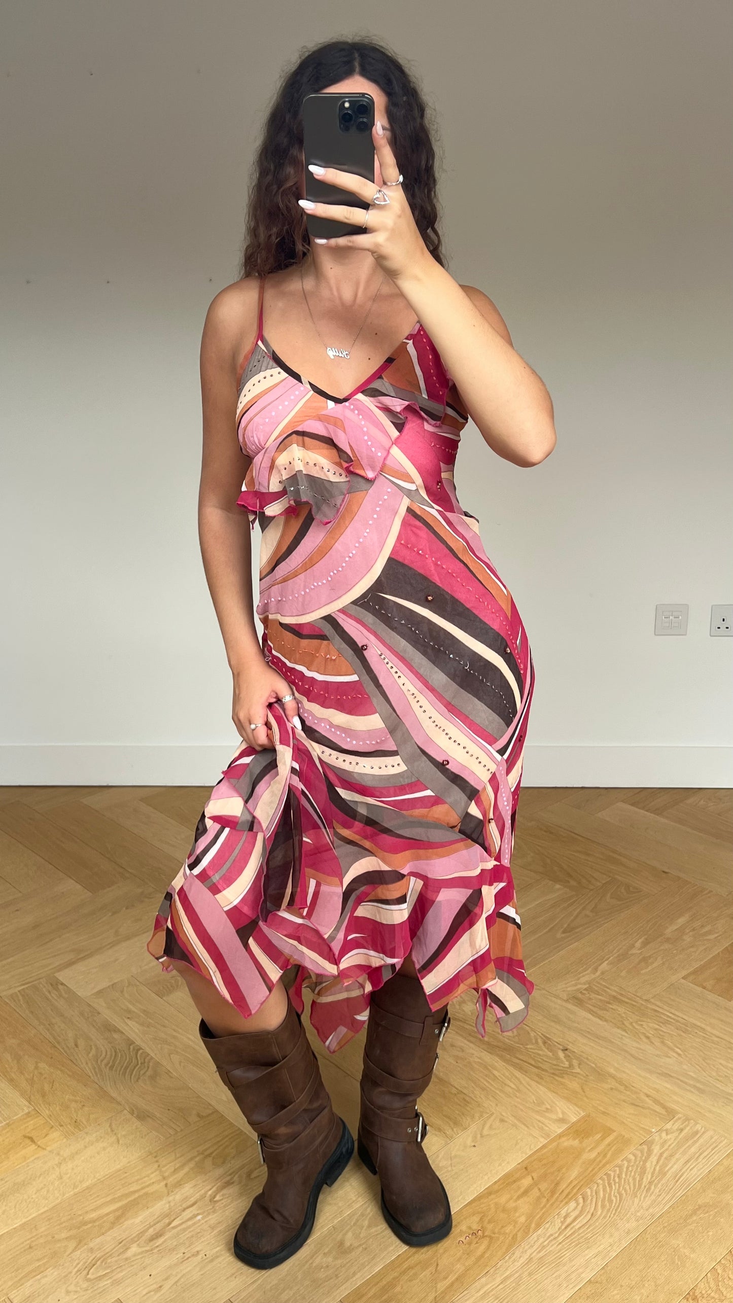 00s pink mesh swirl dress- size M