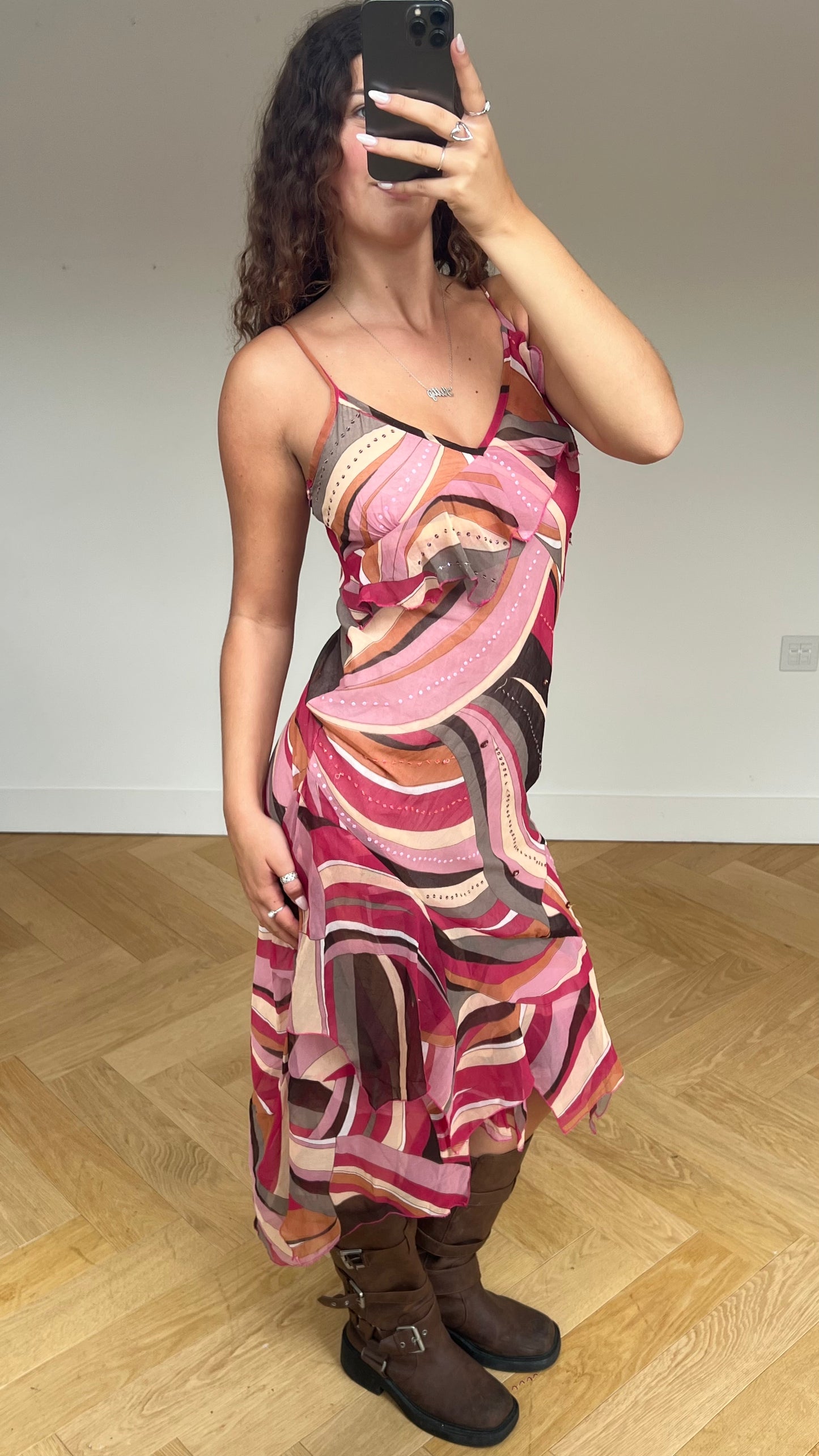 00s pink mesh swirl dress- size M