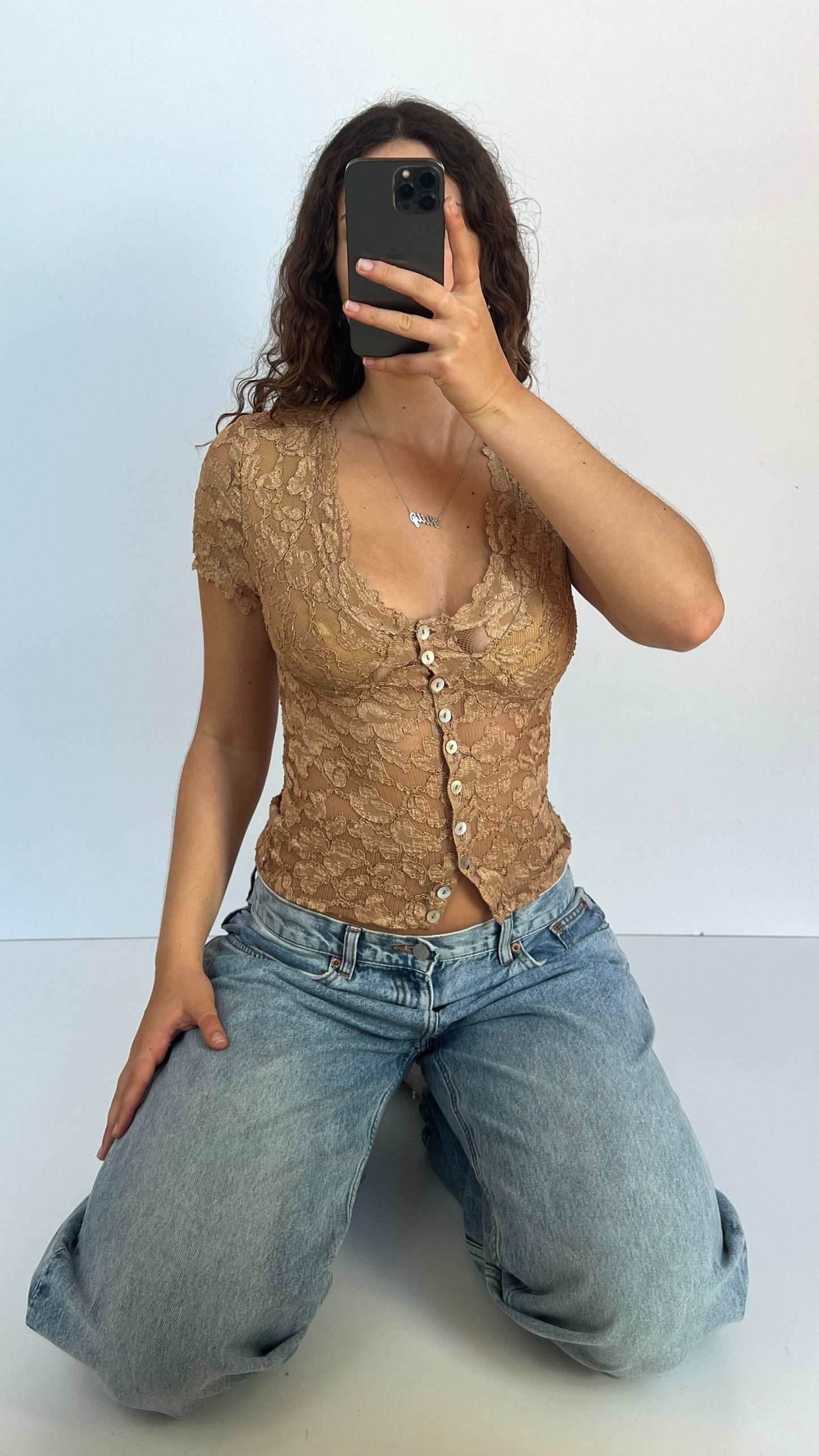00s brown lace top- size S