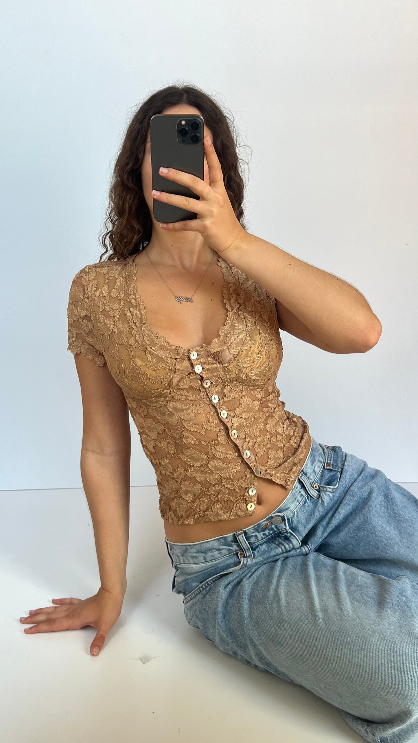00s brown lace top- size S