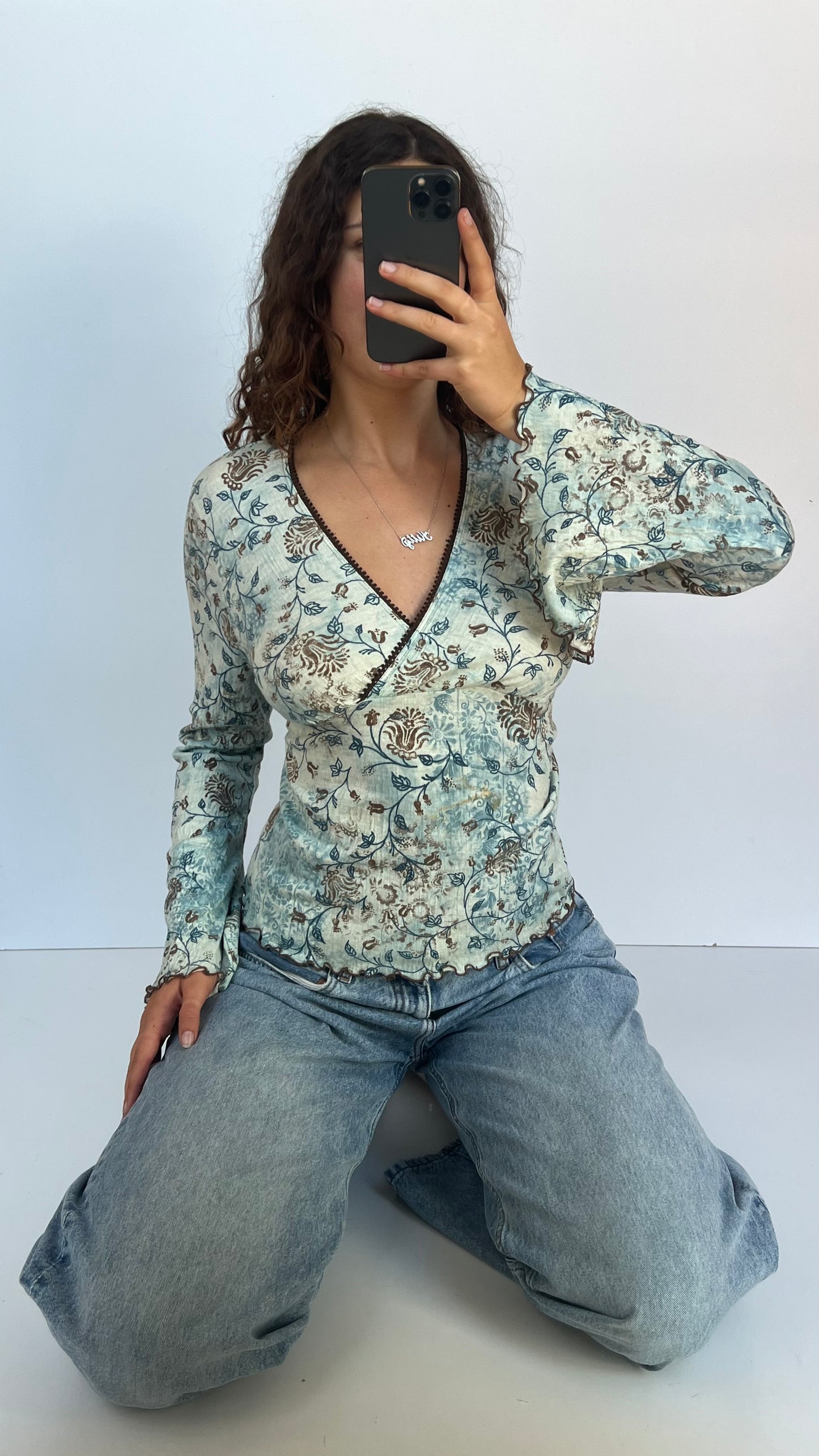 00s blue floral long sleeve top- size XL