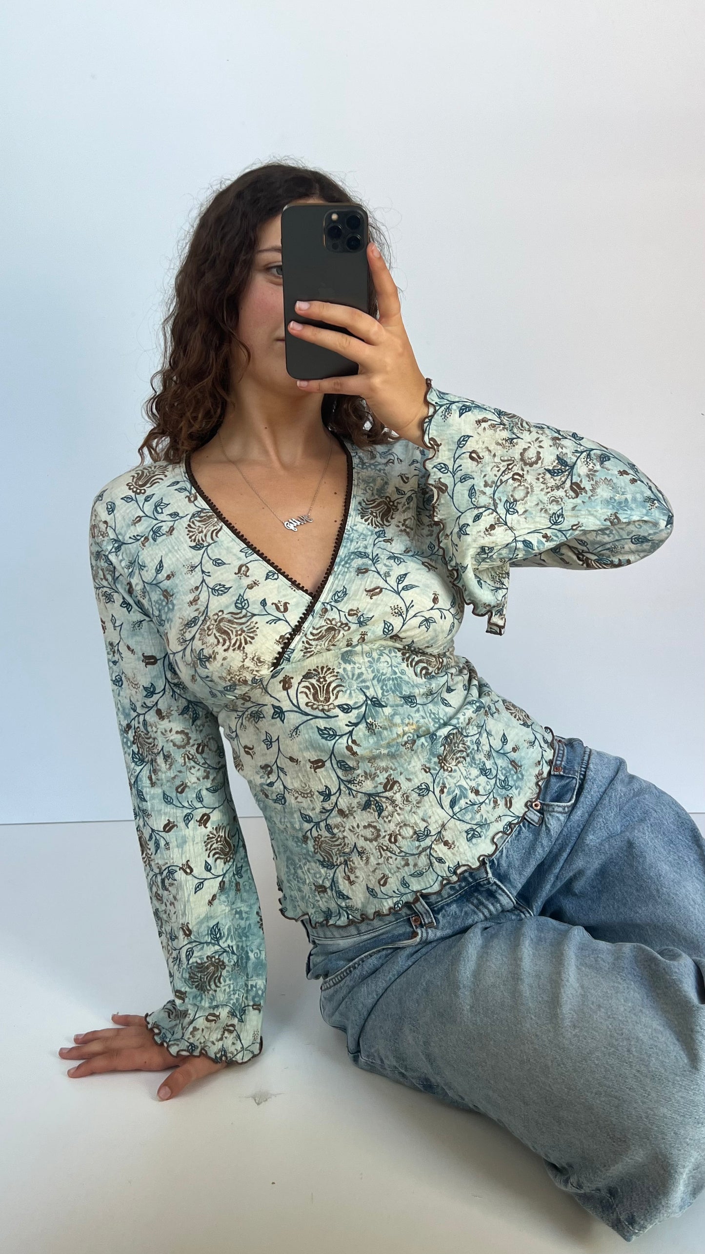 00s blue floral long sleeve top- size XL
