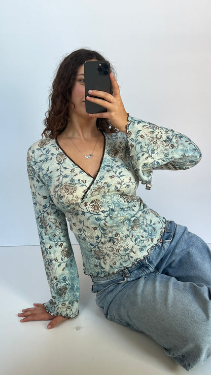 00s blue floral long sleeve top- size XL