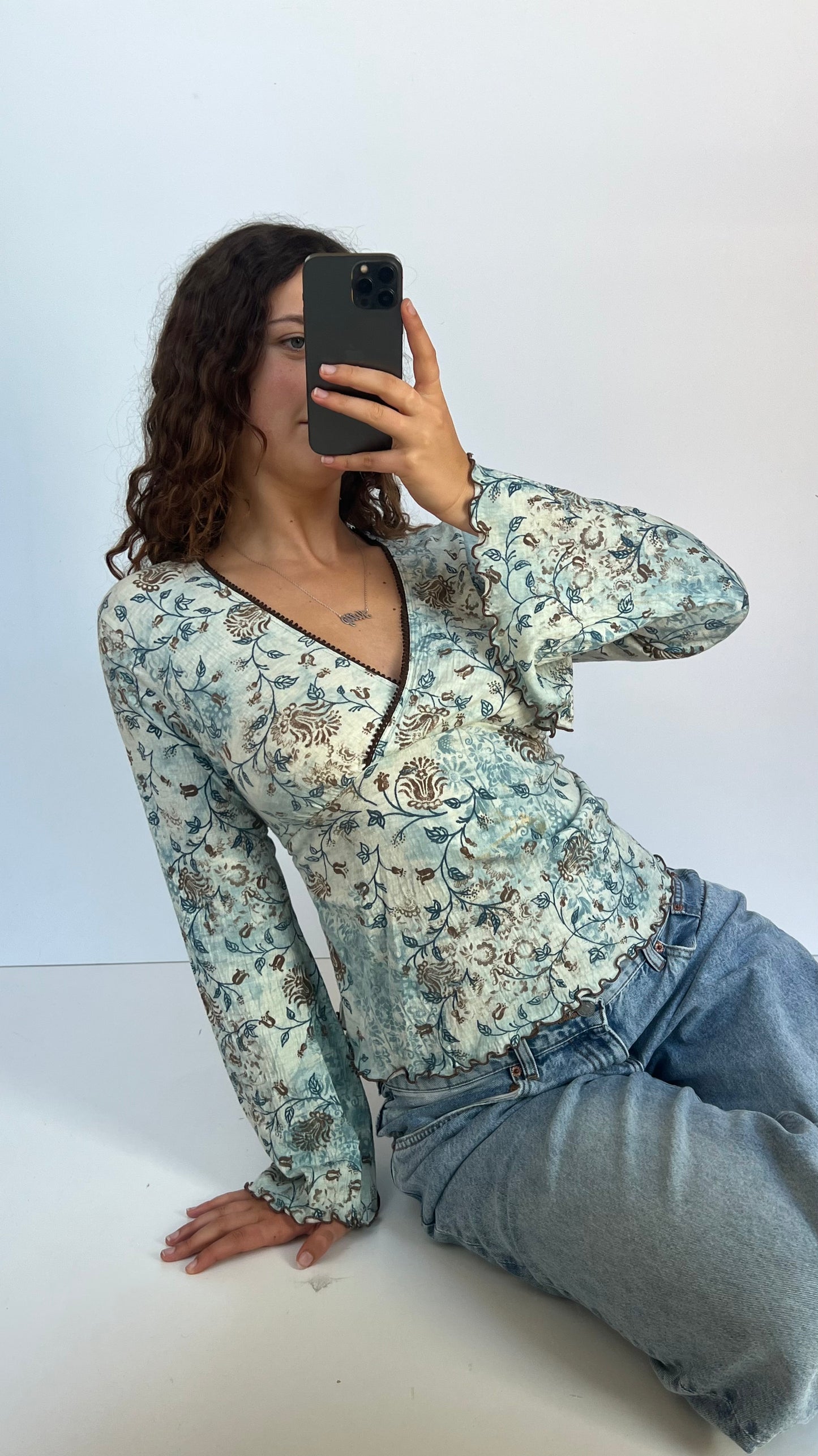 00s blue floral long sleeve top- size XL