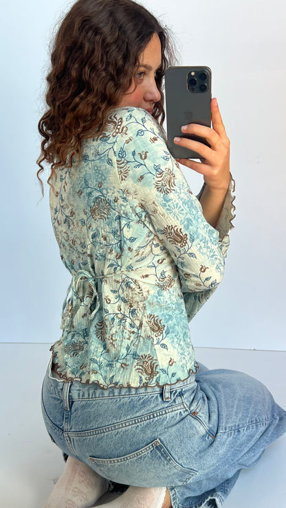00s blue floral long sleeve top- size XL