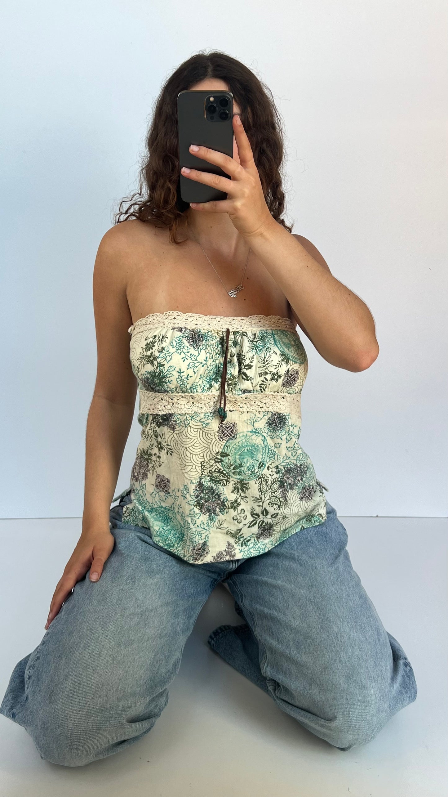 00s green floral crochet cami- size M