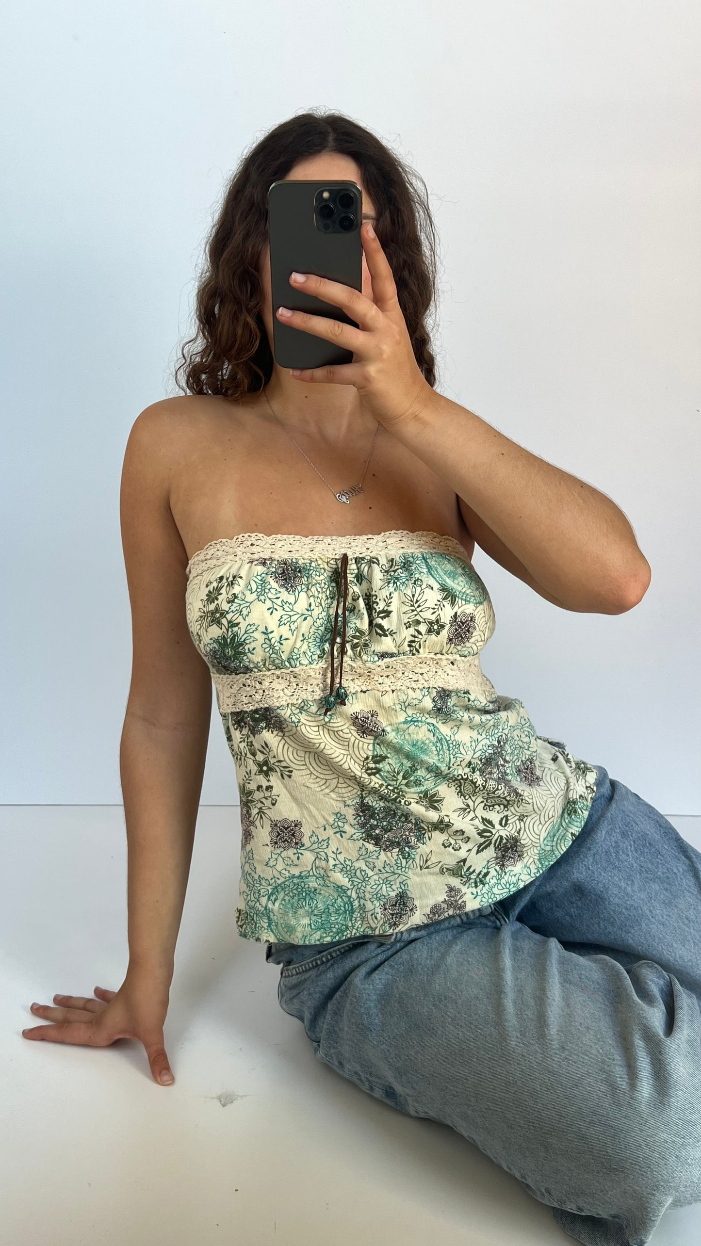 00s green floral crochet cami- size M