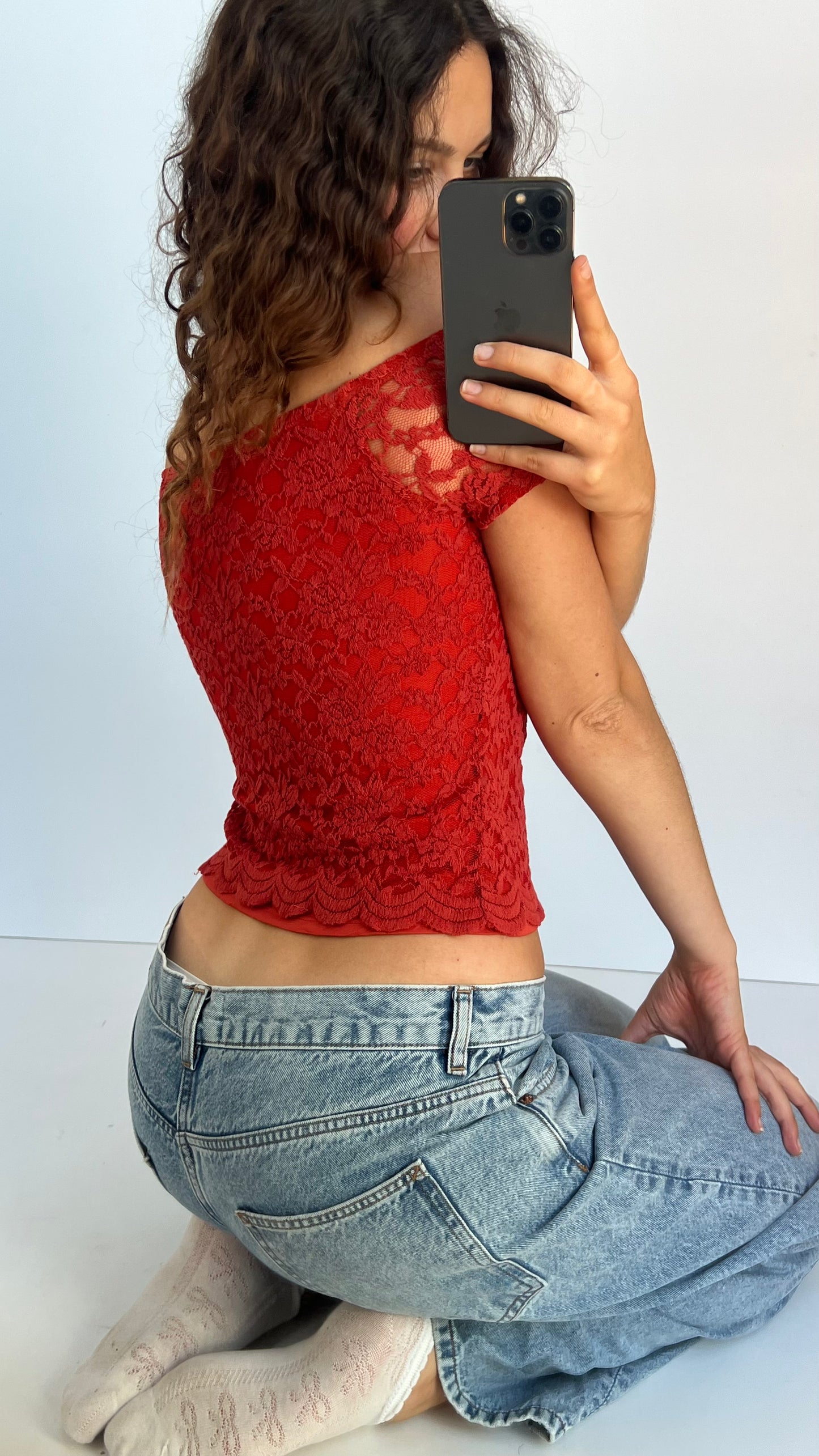 00s burnt orange lace top- size L