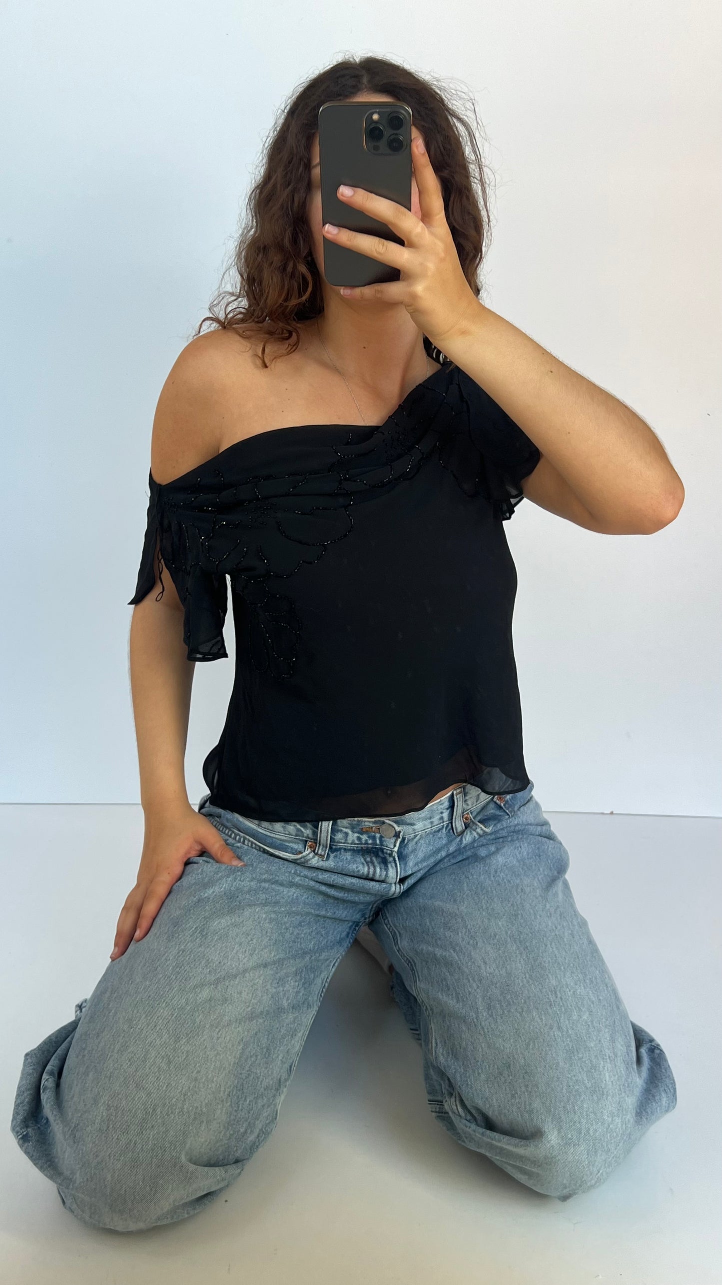 00s black mesh sequin top- size L