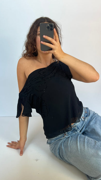 00s black mesh sequin top- size L