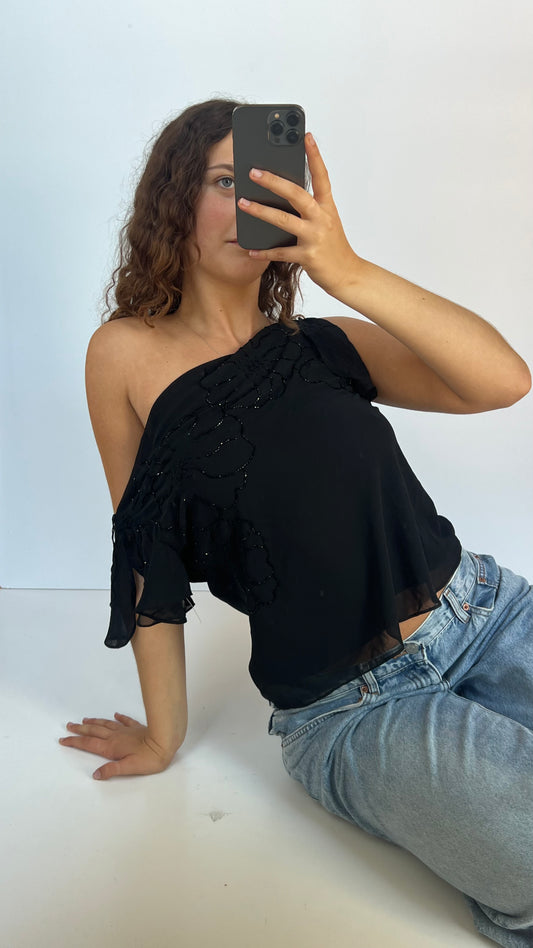 00s black mesh sequin top- size L