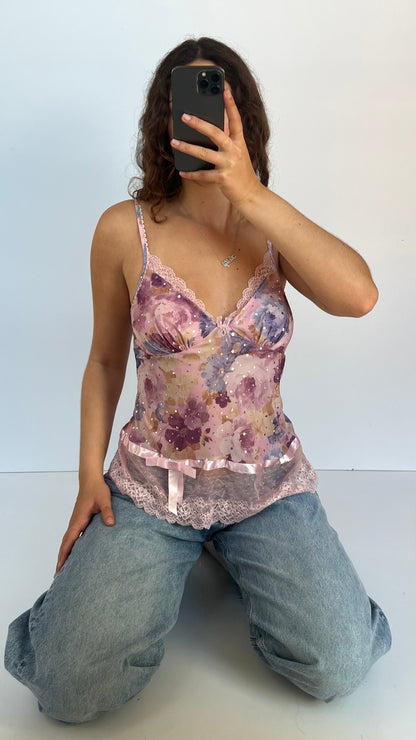 00s pink floral lace cami- size M