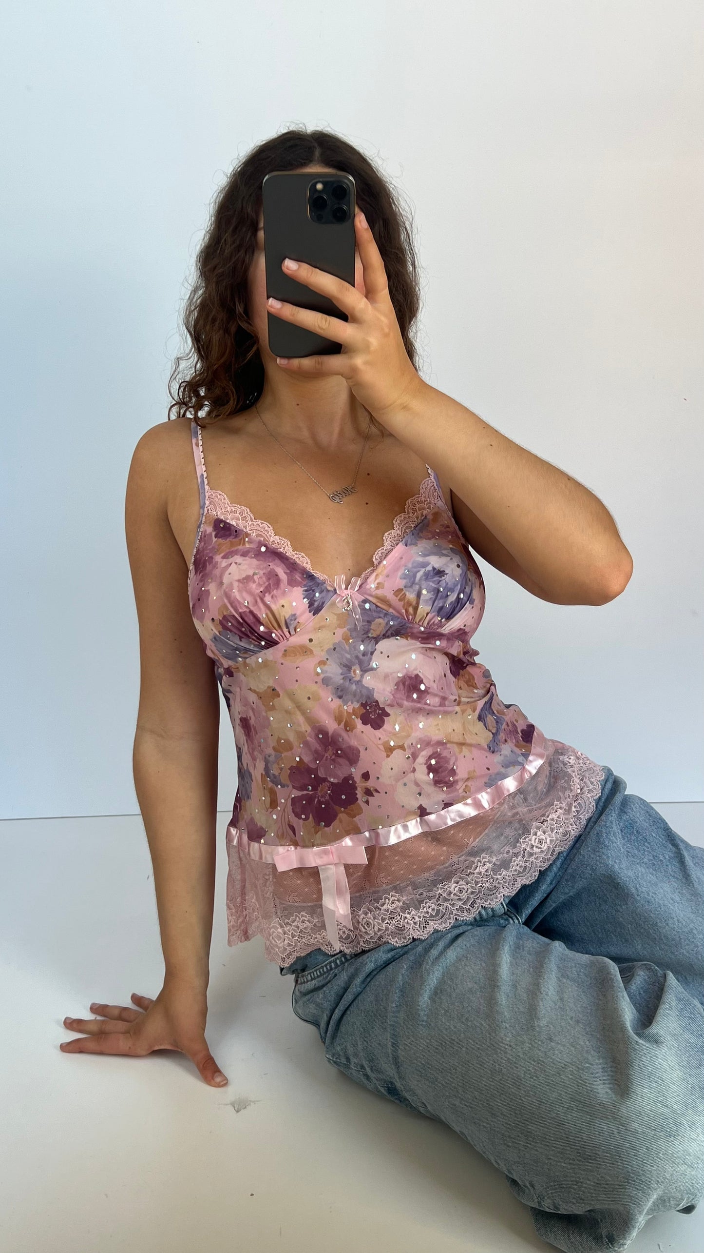00s pink floral lace cami- size M