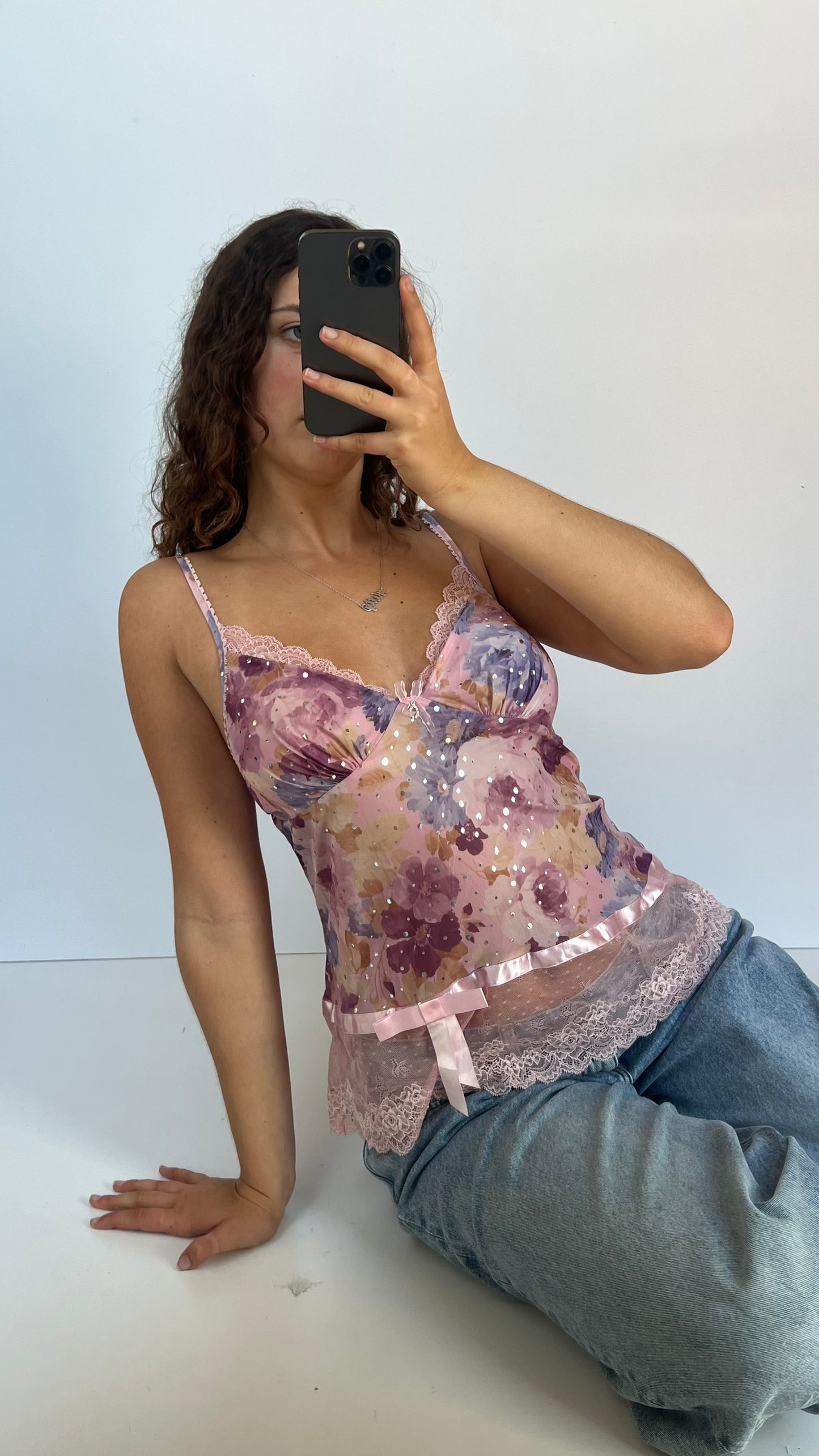 00s pink floral lace cami- size M