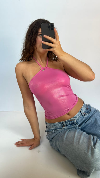 00s pink shiny halter cami- size S