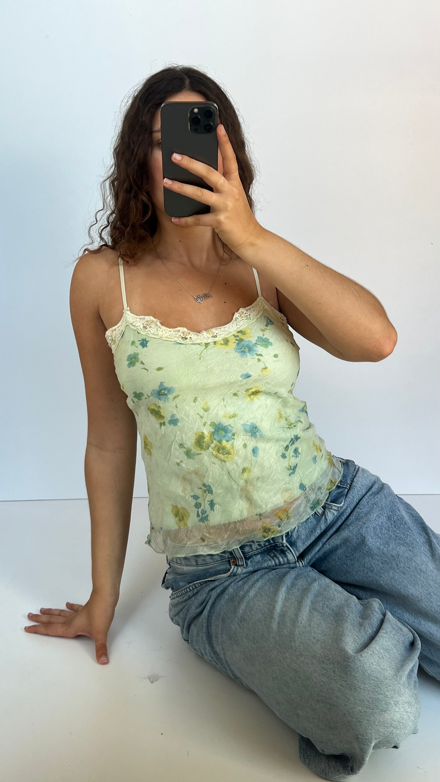00s green mesh floral cami- size M