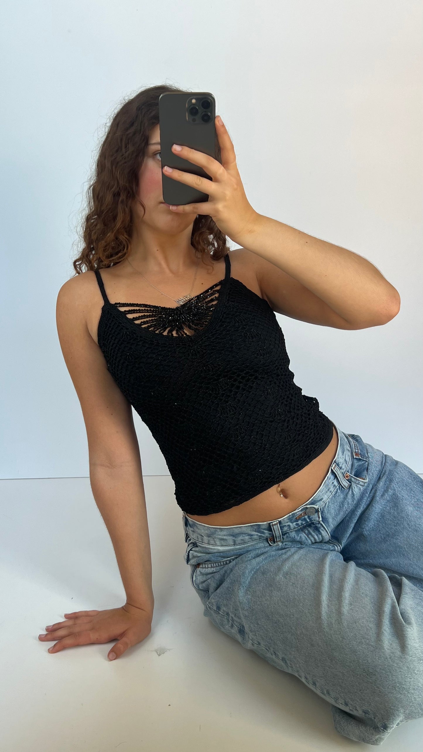 00s black crochet beaded cami- size S