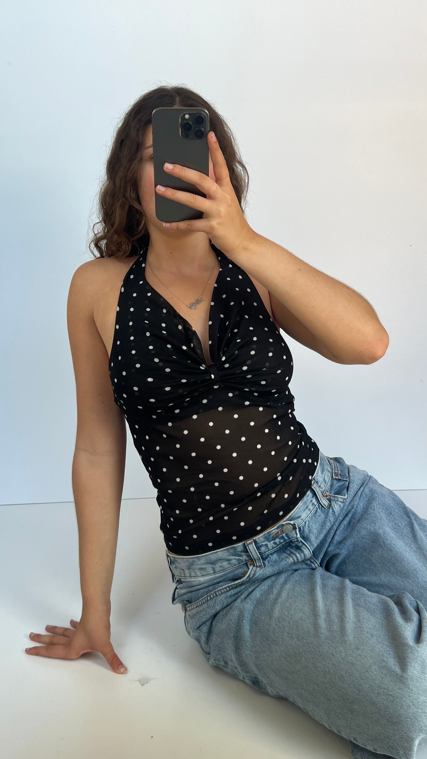 00s black mesh polka dot cami- size L