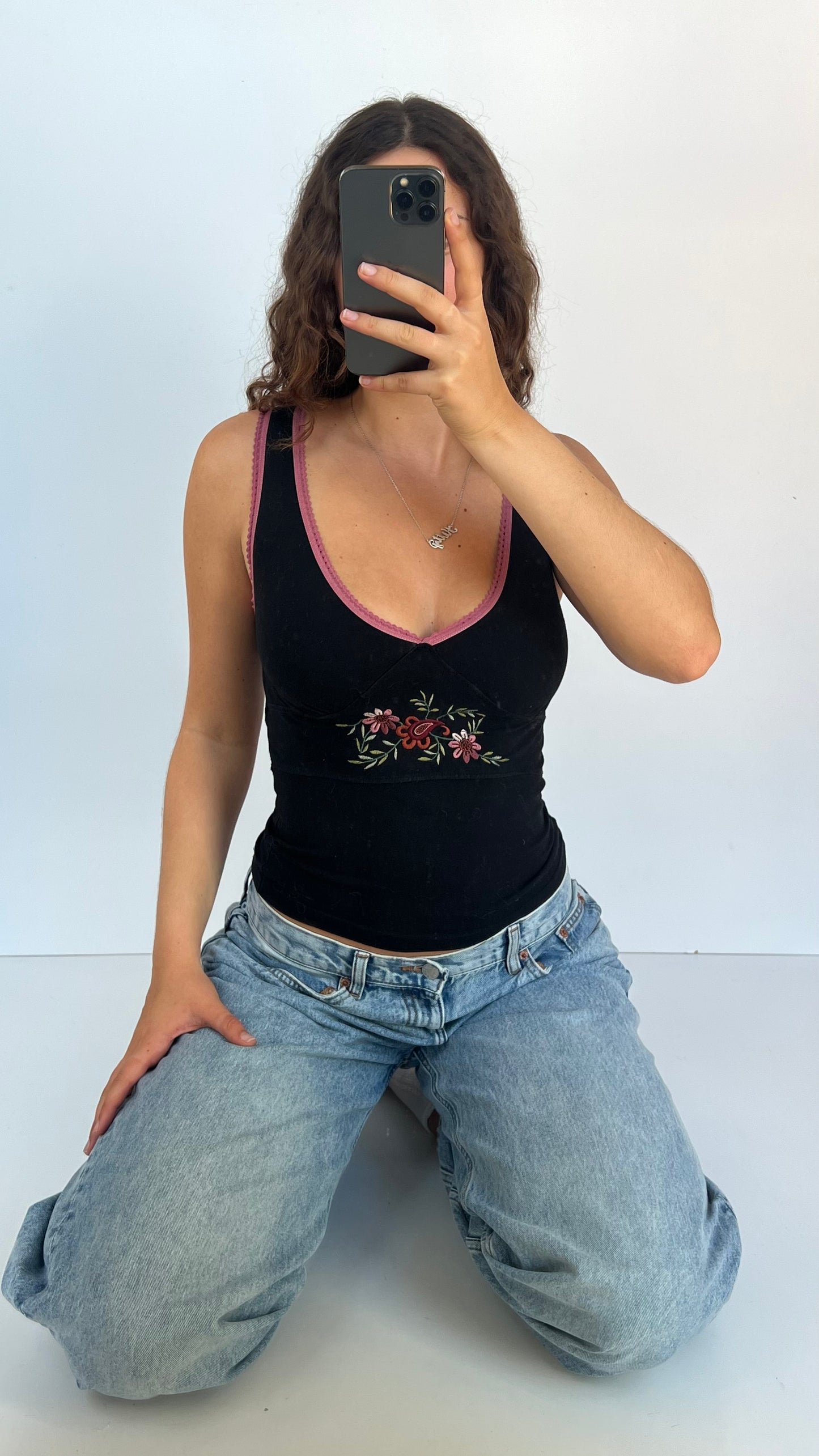 00s black pink floral tank top- size S