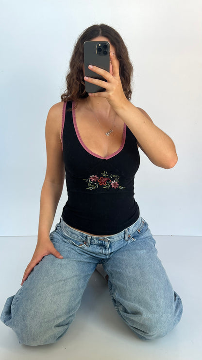 00s black pink floral tank top- size S