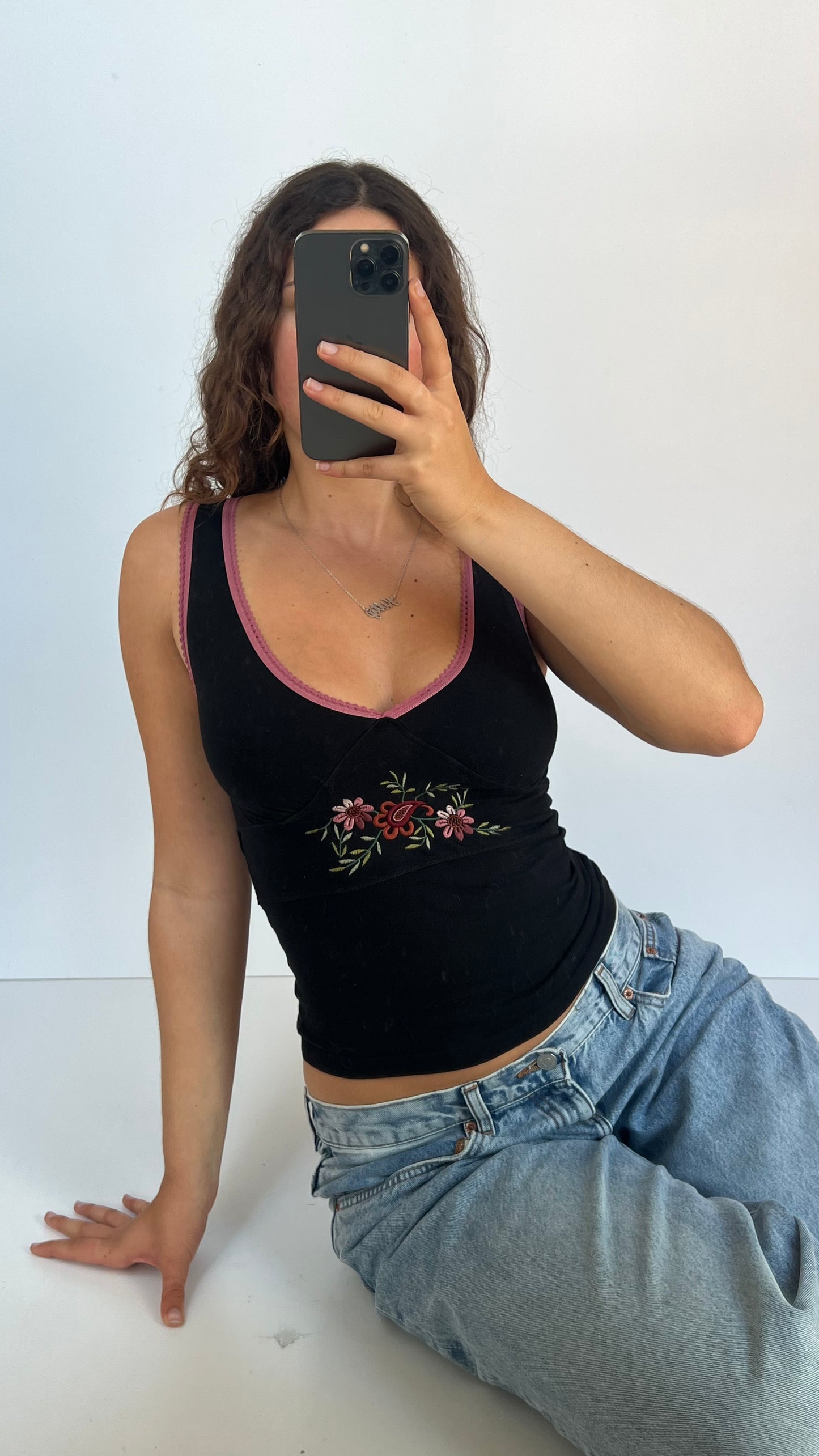 00s black pink floral tank top- size S