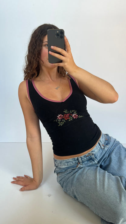00s black pink floral tank top- size S