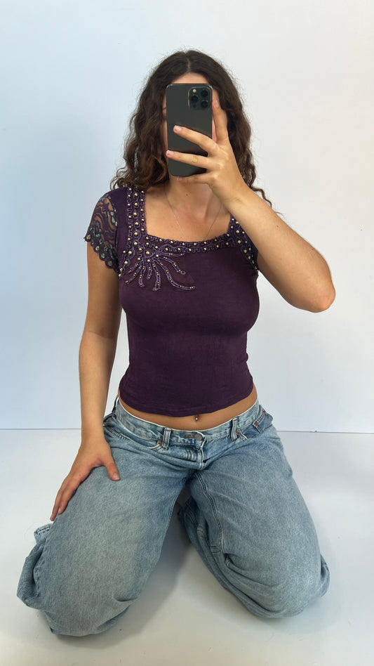 00s purple beaded top- size S